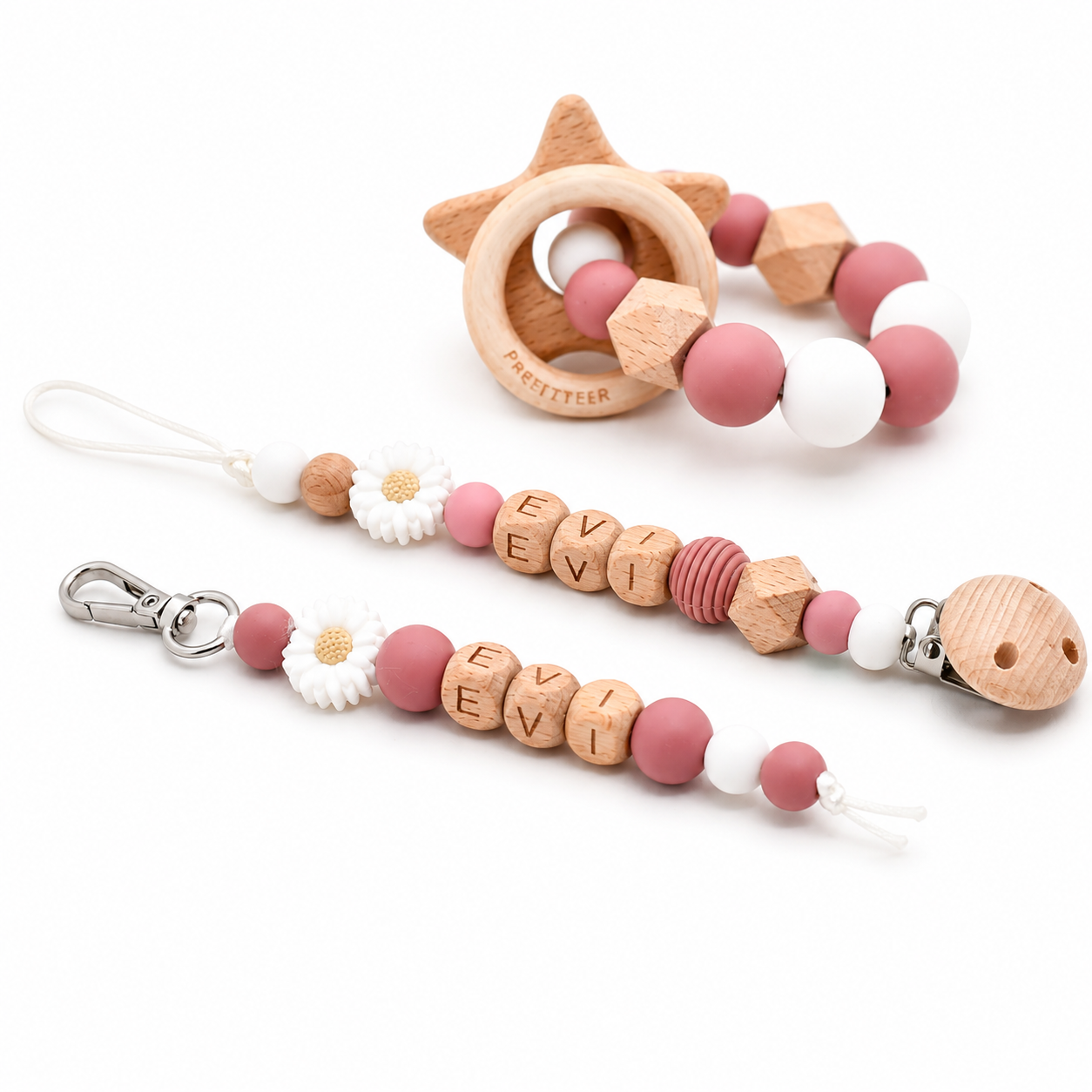 Sleutelhanger naam roze madelief