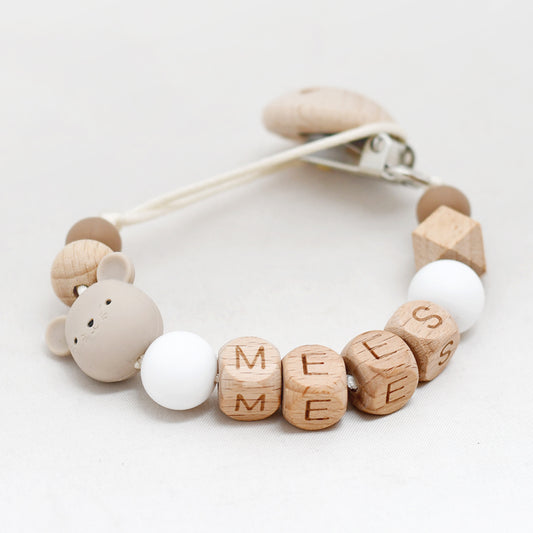 pretletter speenkoord naam bruin muis hout baby
