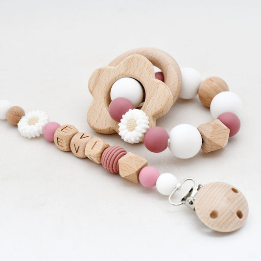 Speenkoord naam hout - roze madelief